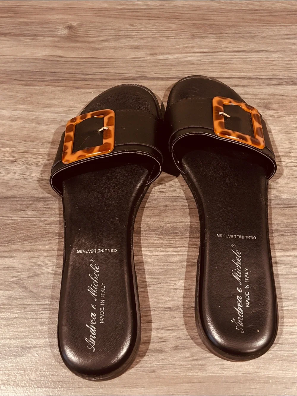 Genuine Italian Leather Tortoiseshell Slide Sandals Buckle Accent US 9.5 Summer
